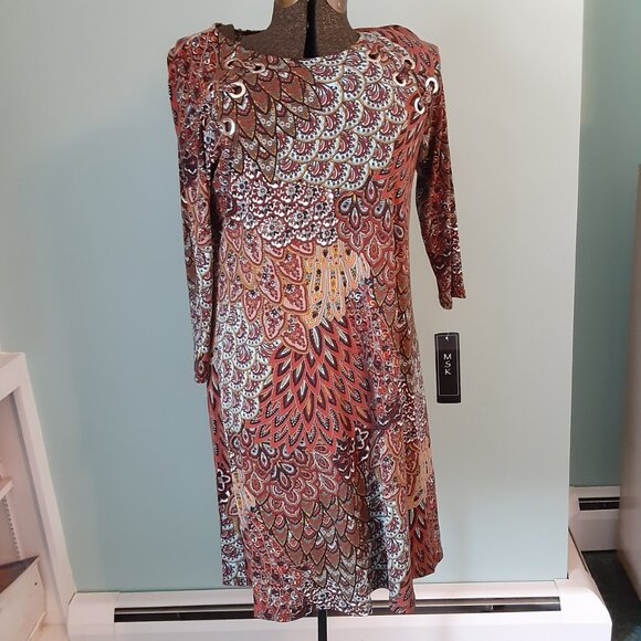 Msk Women's turquoise, rust, red w/Grommets Fit & Flare Dress NWT Size Medium - Picture 1 of 9